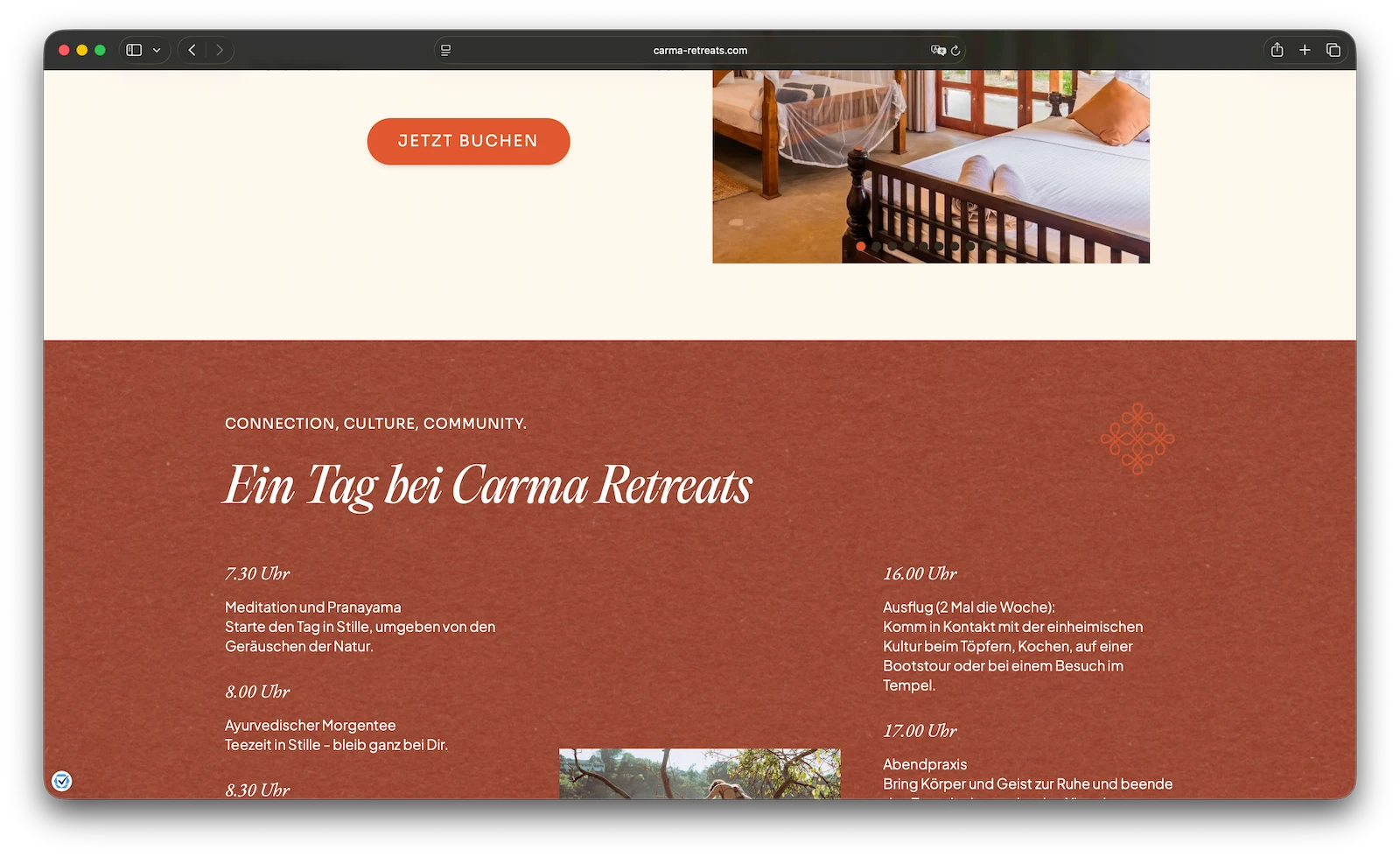 Carma Retreats landing page shown on laptop
